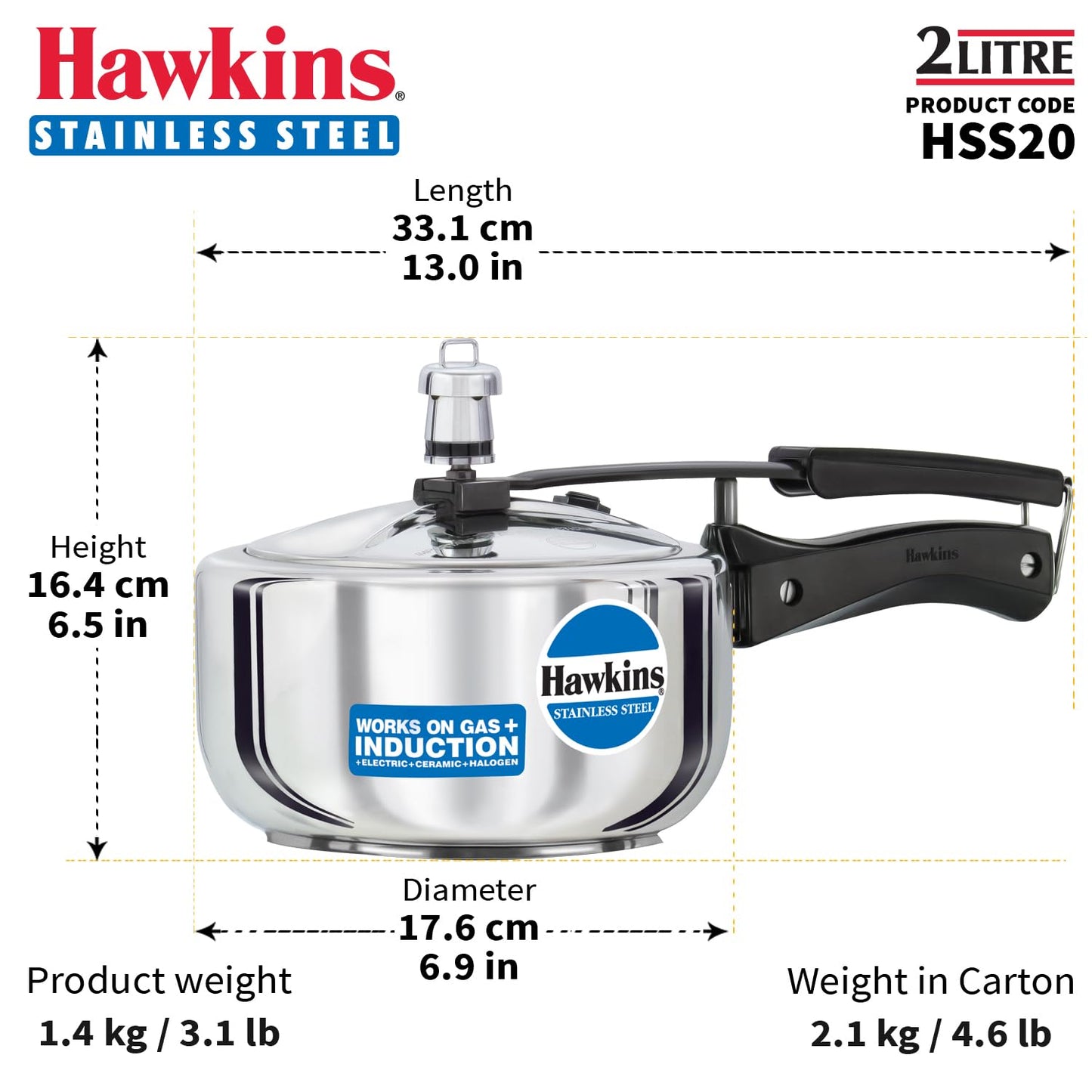 Hawkins 2 Litre Pressure Cooker, Stainless Steel Inner Lid Cooker, Induction Cooker, Small Cooker, Silver (HSS20)