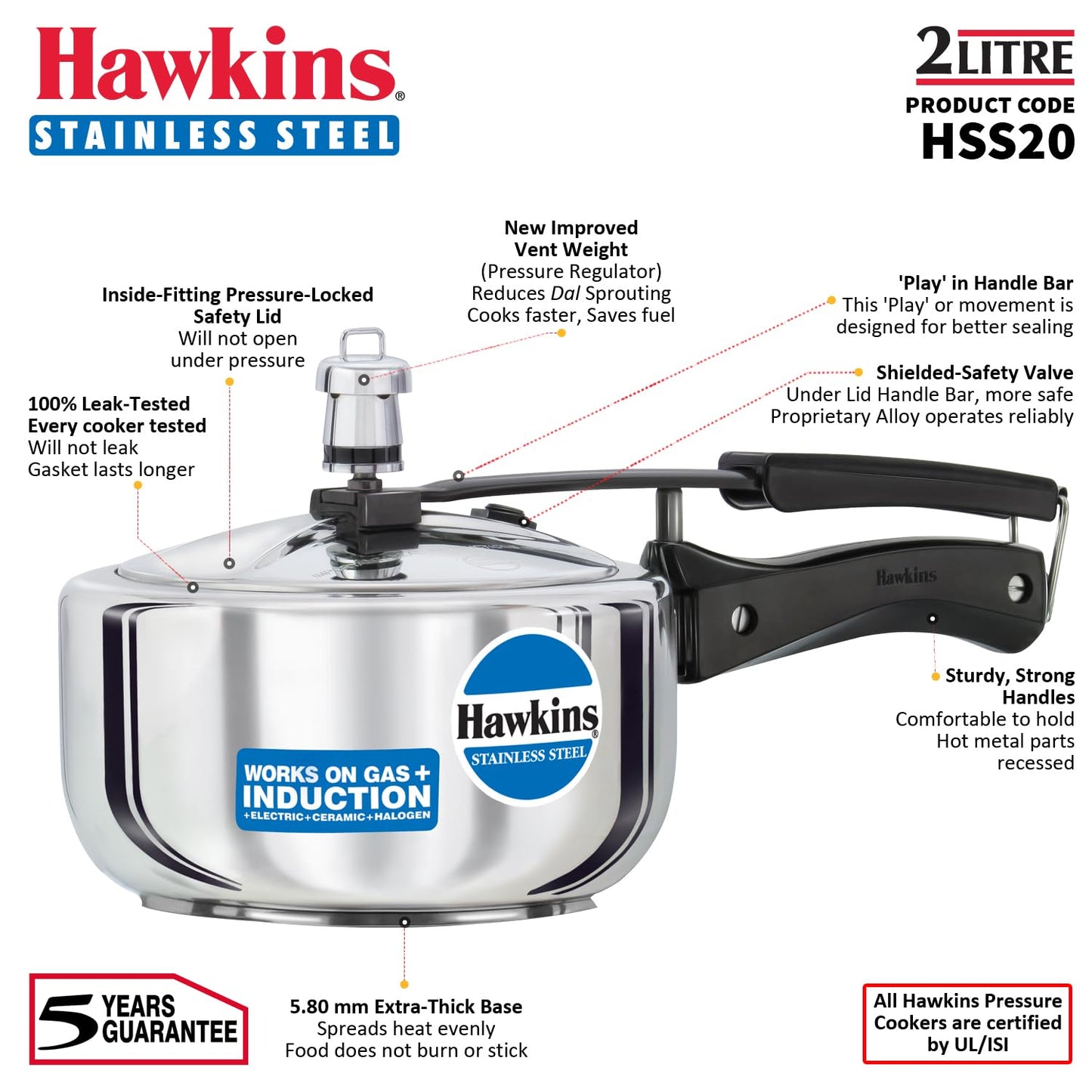 Hawkins 2 Litre Pressure Cooker, Stainless Steel Inner Lid Cooker, Induction Cooker, Small Cooker, Silver (HSS20)