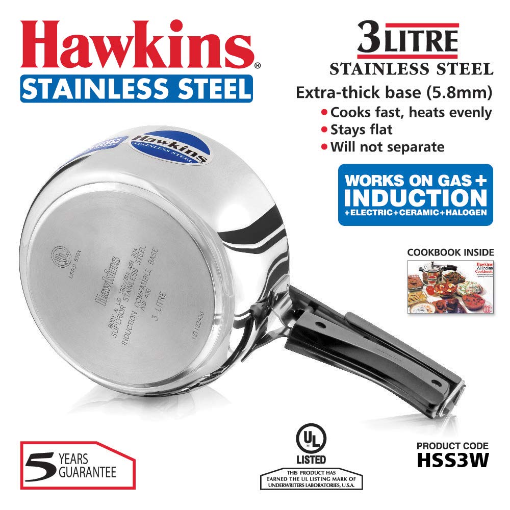 Hawkins 3 Litre Inner Lid Pressure Cooker, Stainless Steel Cooker, Wide Design Pan Cooker, Induction Cooker, Silver (HSS3W)