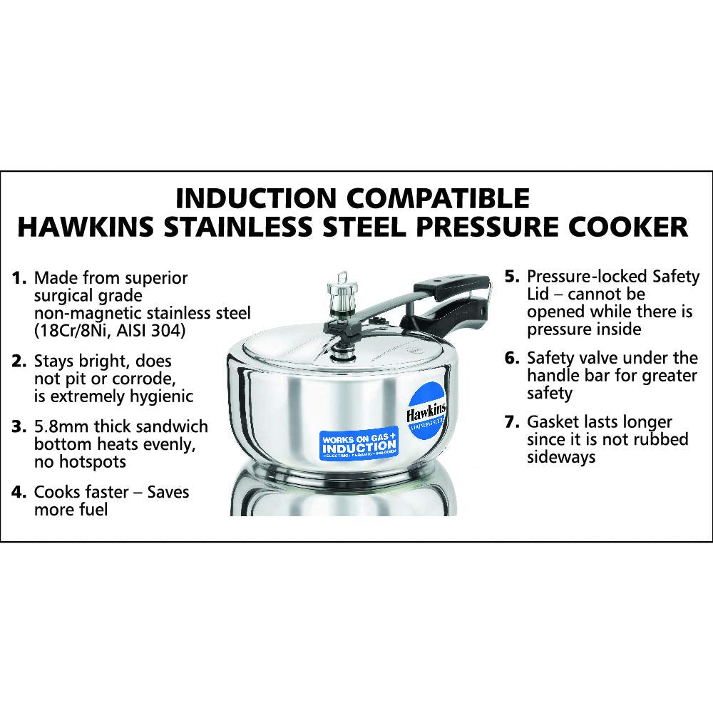 Hawkins 3 Litre Inner Lid Pressure Cooker, Stainless Steel Cooker, Wide Design Pan Cooker, Induction Cooker, Silver (HSS3W)