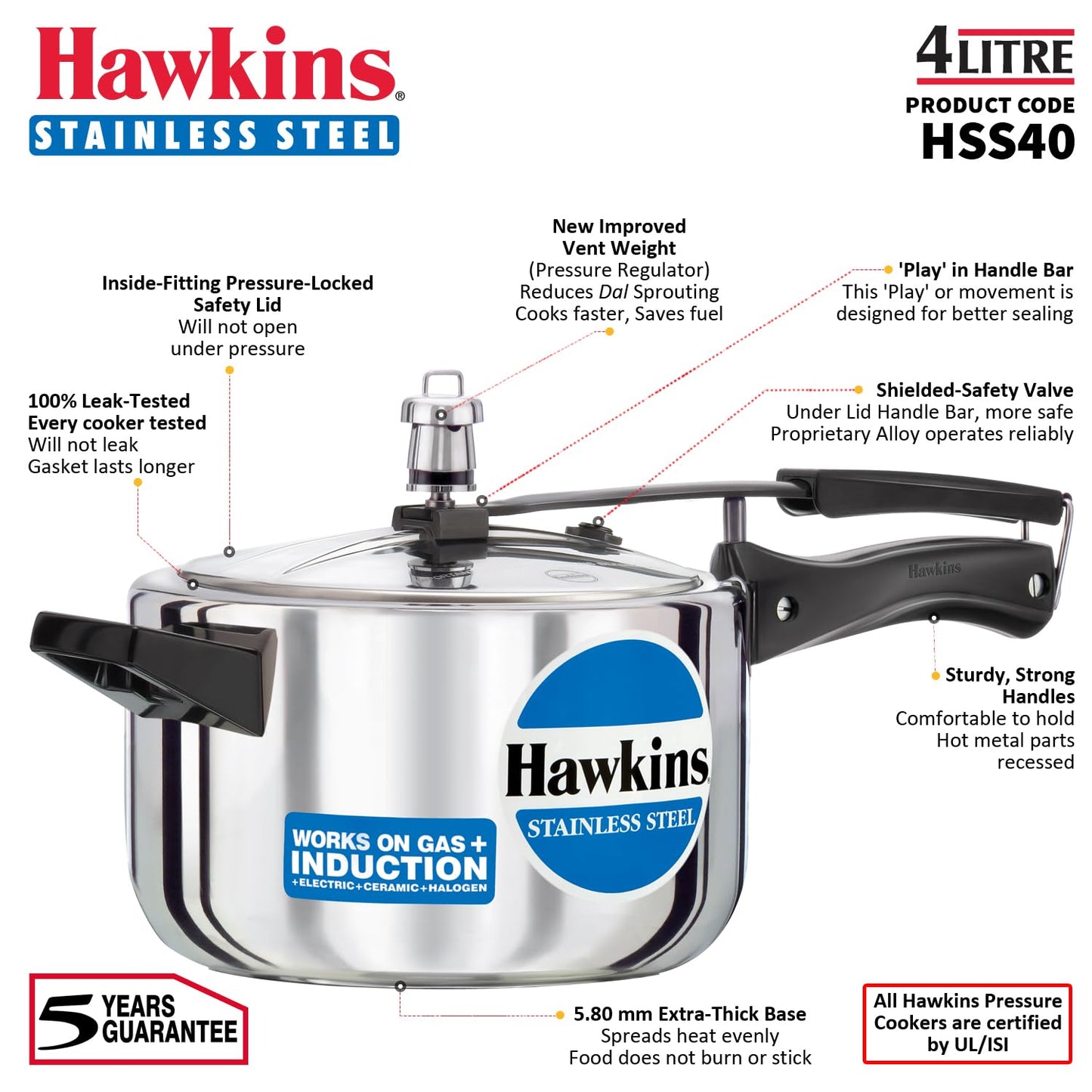 Hawkins 4 Litre Pressure Cooker, Stainless Steel Inner Lid Cooker, Induction Cooker, Silver (HSS40)