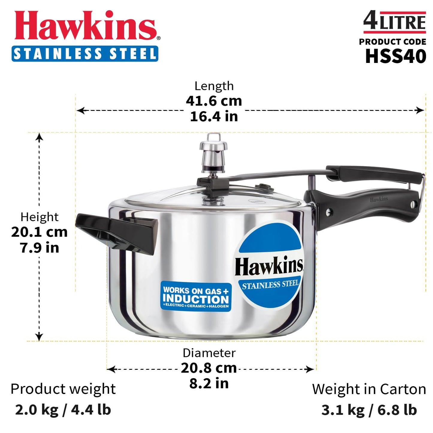 Hawkins 4 Litre Pressure Cooker, Stainless Steel Inner Lid Cooker, Induction Cooker, Silver (HSS40)