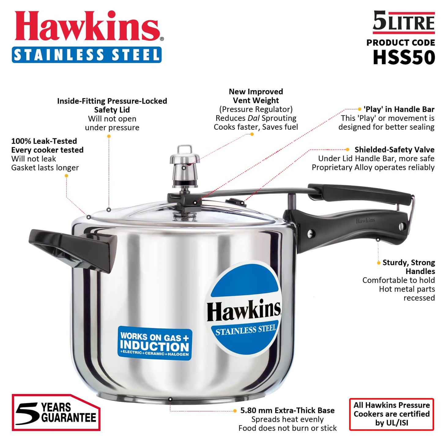 Hawkins 5 Litre Pressure Cooker, Stainless Steel Inner Lid Cooker, Induction Cooker, Silver (HSS50)