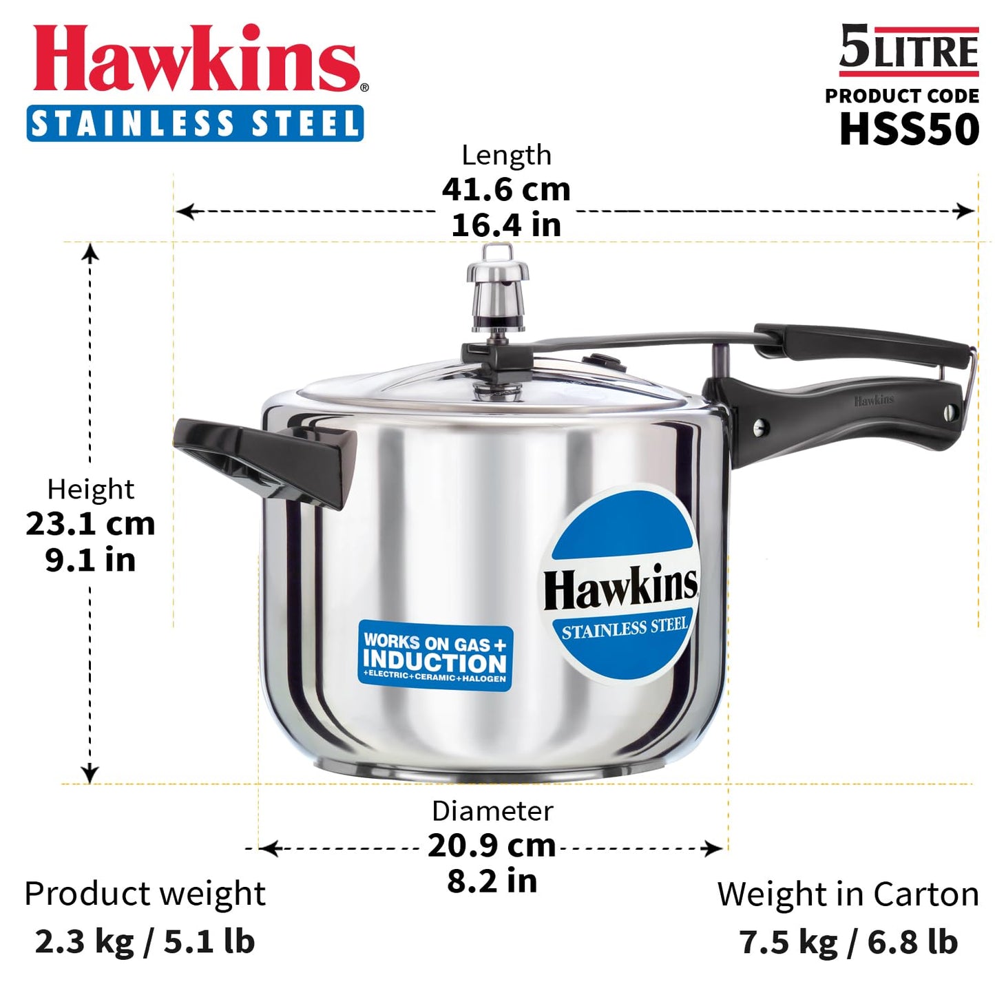 Hawkins 5 Litre Pressure Cooker, Stainless Steel Inner Lid Cooker, Induction Cooker, Silver (HSS50)