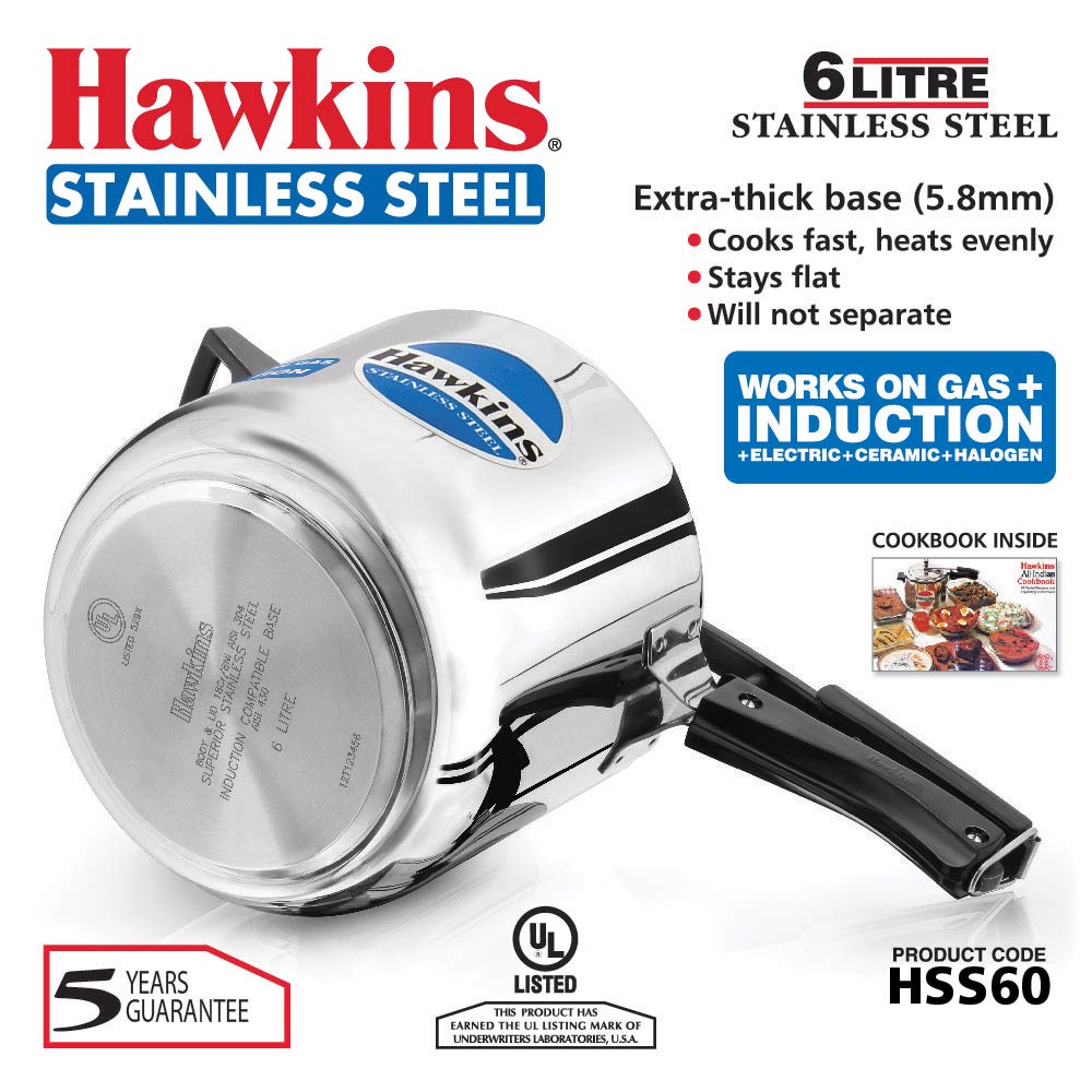 Hawkins 6 Litre Inner Lid Pressure Cooker, Stainless Steel Cooker, Induction Cooker, Silver (HSS60)