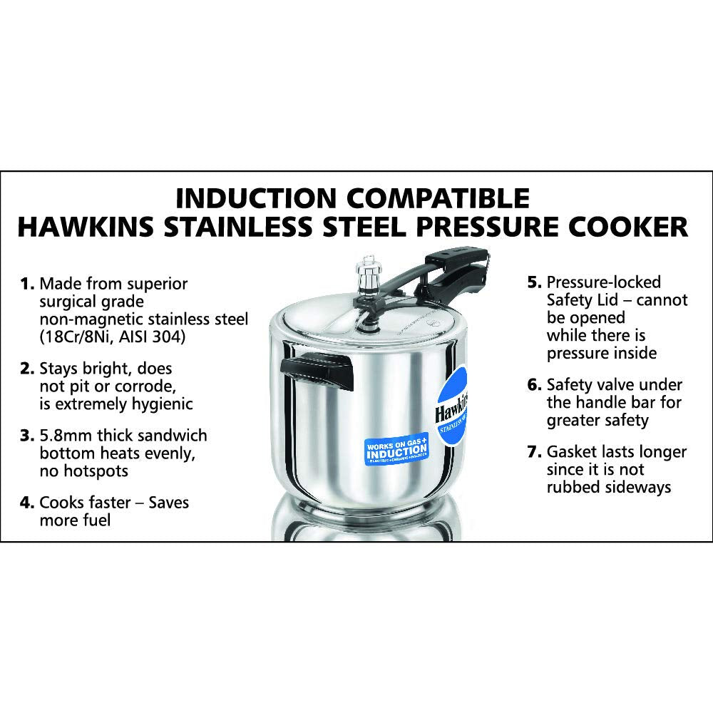 Hawkins 6 Litre Inner Lid Pressure Cooker, Stainless Steel Cooker, Induction Cooker, Silver (HSS60)