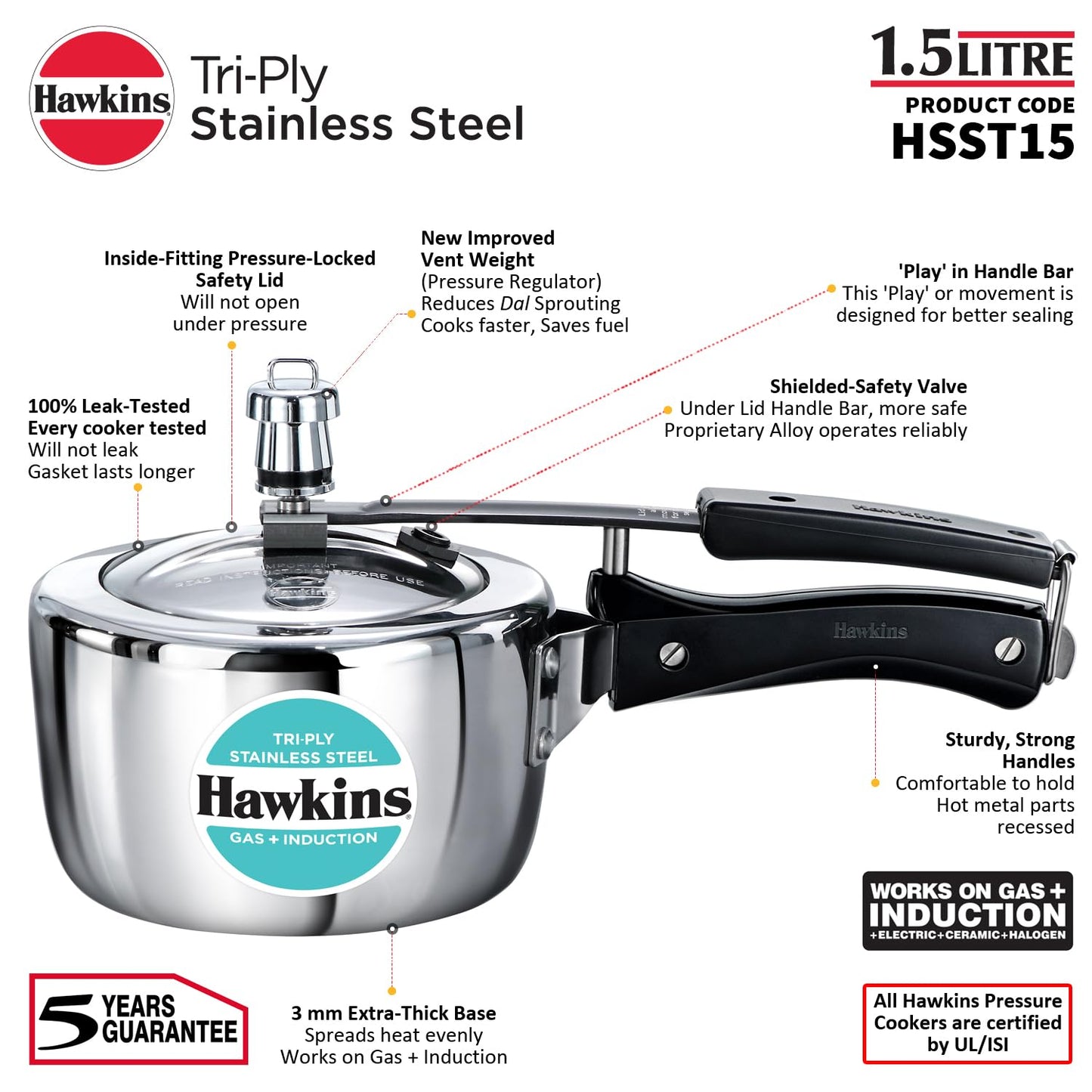 Hawkins 1.5 Litre Triply Stainless Steel Pressure Cooker, Inner Lid Induction Cooker, Silver (HSST15)