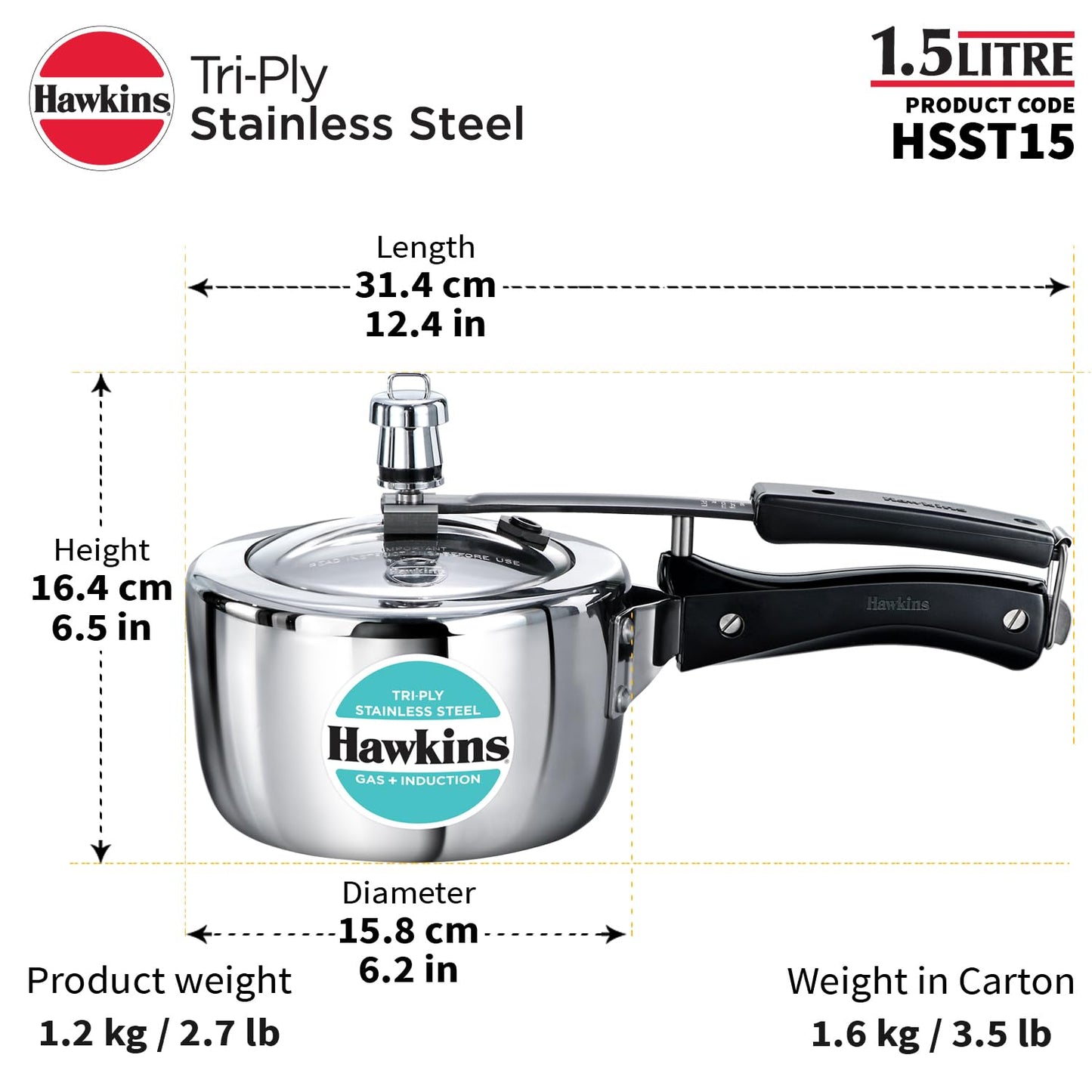 Hawkins 1.5 Litre Triply Stainless Steel Pressure Cooker, Inner Lid Induction Cooker, Silver (HSST15)