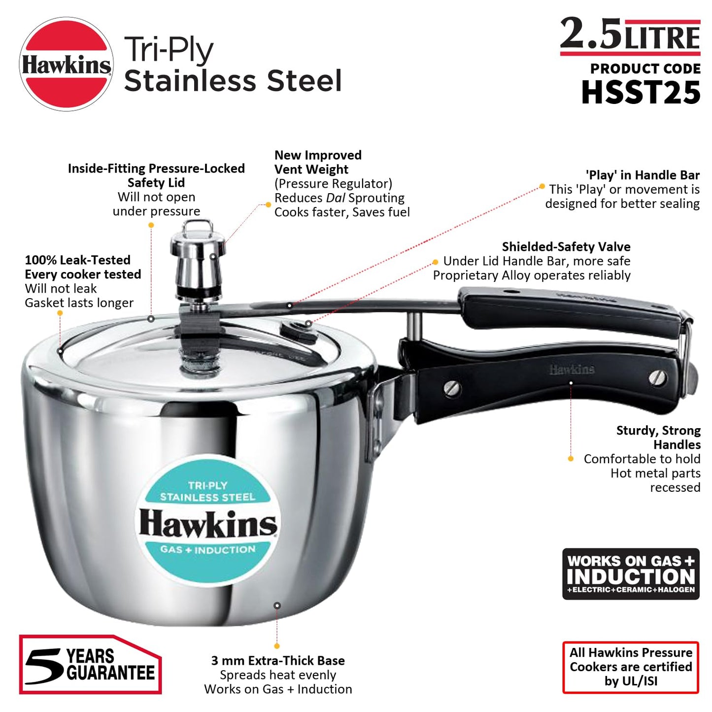 Hawkins 2.5 Litre Triply Stainless Steel Pressure Cooker, Inner Lid Cooker, Silver (HSST25)