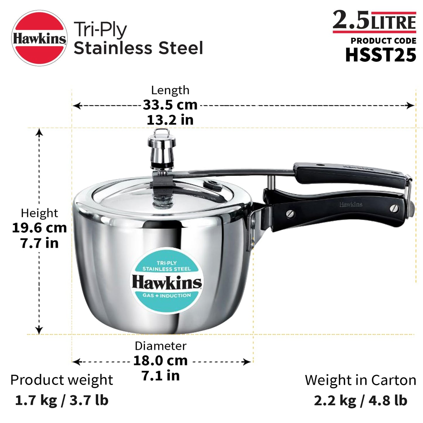 Hawkins 2.5 Litre Triply Stainless Steel Pressure Cooker, Inner Lid Cooker, Silver (HSST25)