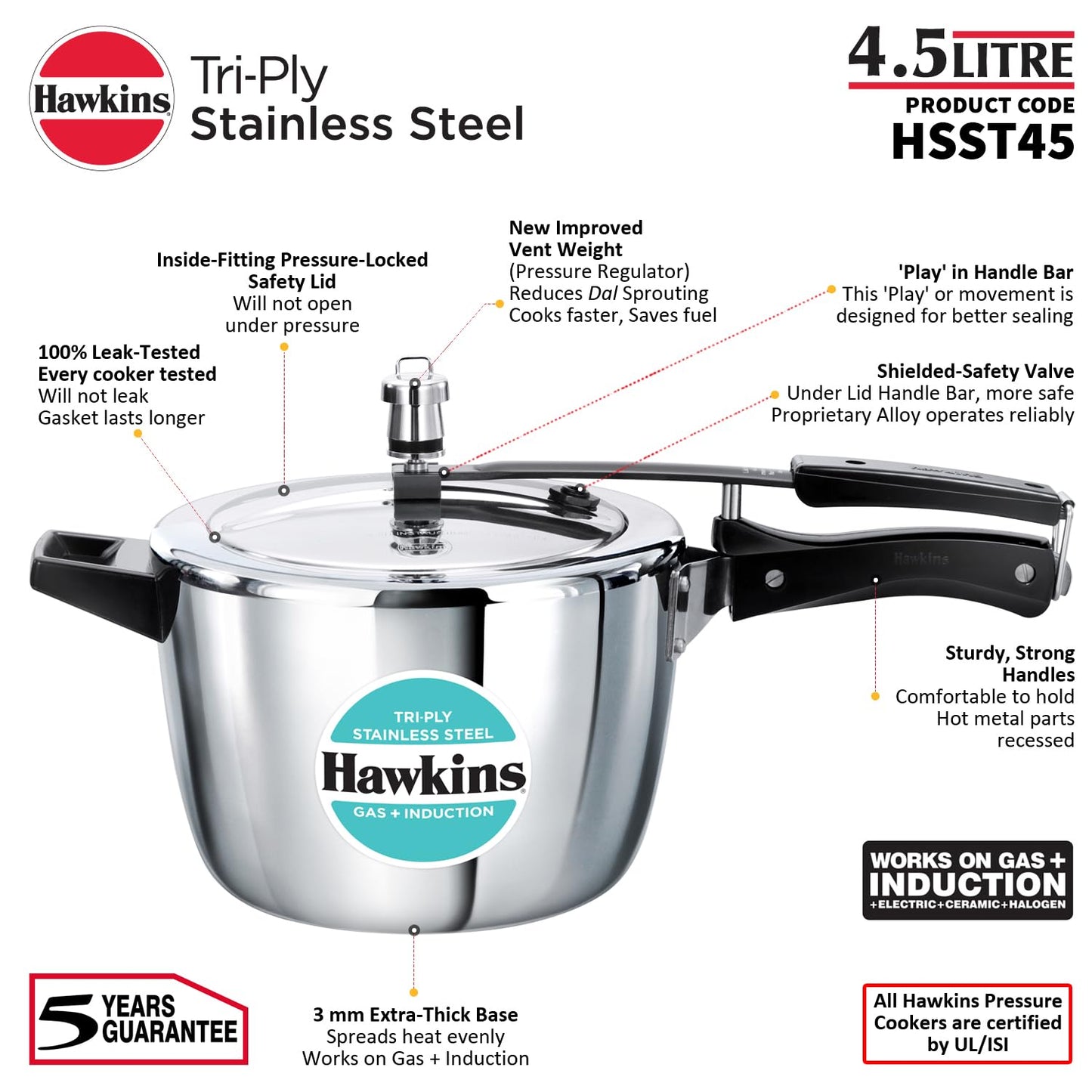 Hawkins 4.5 Litre Triply Stainless Steel Pressure Cooker, Inner Lid Cooker, Silver (HSST45)