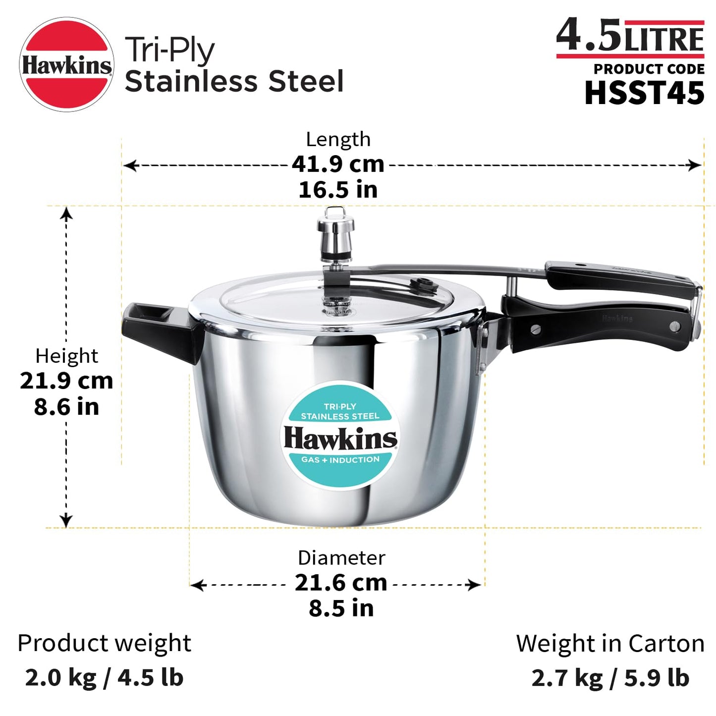 Hawkins 4.5 Litre Triply Stainless Steel Pressure Cooker, Inner Lid Cooker, Silver (HSST45)