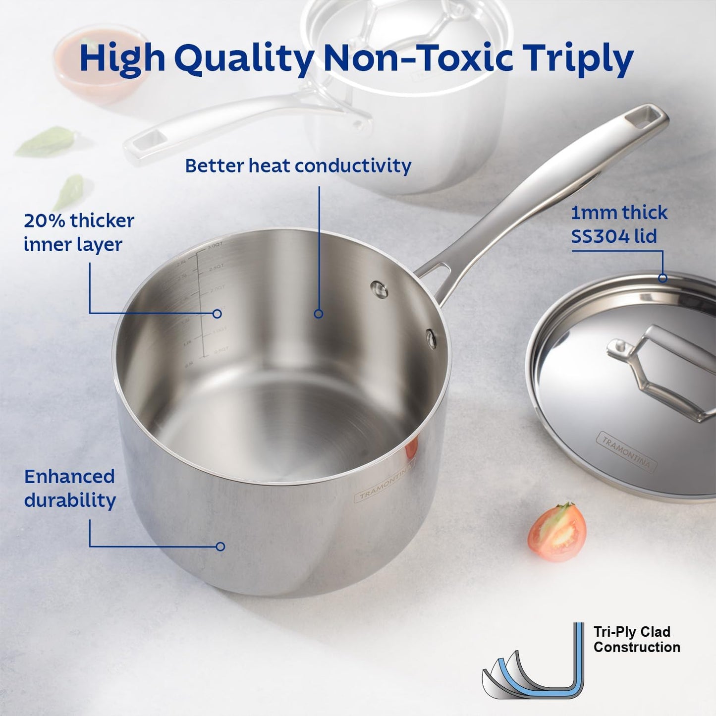 Tramontina Aeion Triply 14cm/1.5L Sauce Pan with SS 304 Lid | Healthy, Non Toxic | Milk Pan/Tea Pan| Induction Friendly | Stay Cool Handle | NSF Certified | 10 Year Warranty*