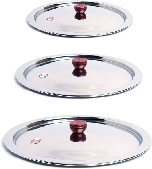 Embassy Stainless Steel Multipurpose Lid/Cover with Knob, Set of 3, Size 0-2; 15.0/17.8/20.8 cms (Lids for Pots, Tawas, Kadhai, Topes, Pots and Pans)