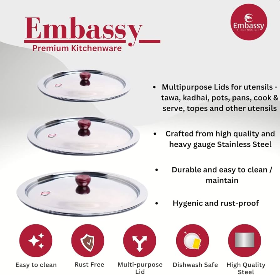 Embassy Stainless Steel Multipurpose Lid/Cover with Knob, Set of 3, Size 0-2; 15.0/17.8/20.8 cms (Lids for Pots, Tawas, Kadhai, Topes, Pots and Pans)