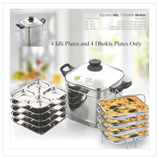 JVL SIM-PF Square Shape Designer Idly & Dhokla Maker 4 Plates each with Plain Lid - 1 Set