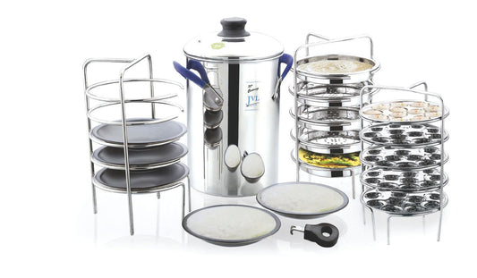 JVL Stainless Steel Full Set Thattu Idly, Idiyappam/Dhokla Maker & Mini Idly Plates