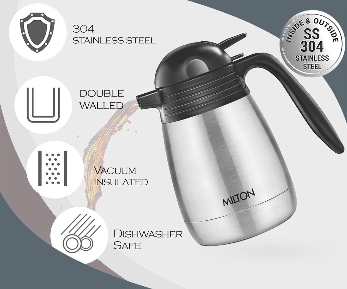 Milton Carafe Stainless Steel Double Walled Vacuum Insulated Flask with Lid and Handle, Silver, Coffee/Tea Carafe Heat & Cold Retention, Leak Proof, Rust Free, Easy to Carry