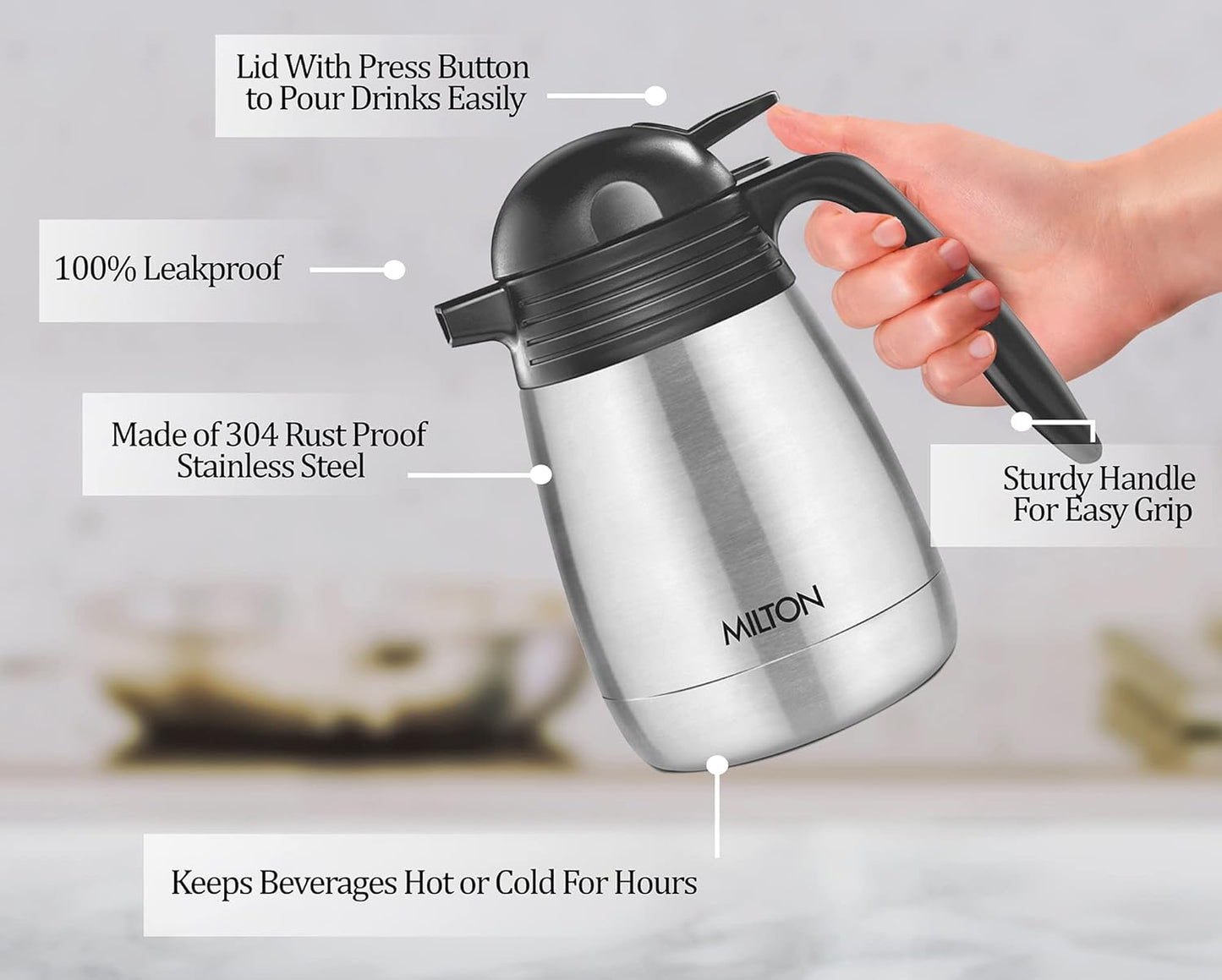 Milton Carafe Stainless Steel Double Walled Vacuum Insulated Flask with Lid and Handle, Silver, Coffee/Tea Carafe Heat & Cold Retention, Leak Proof, Rust Free, Easy to Carry