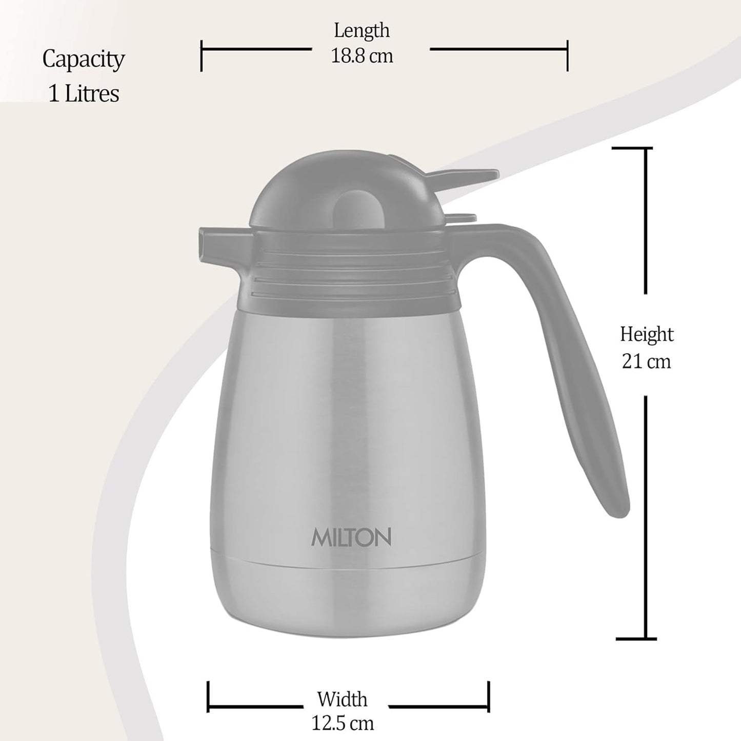 Milton Carafe Stainless Steel Double Walled Vacuum Insulated Flask with Lid and Handle, Silver, Coffee/Tea Carafe Heat & Cold Retention, Leak Proof, Rust Free, Easy to Carry