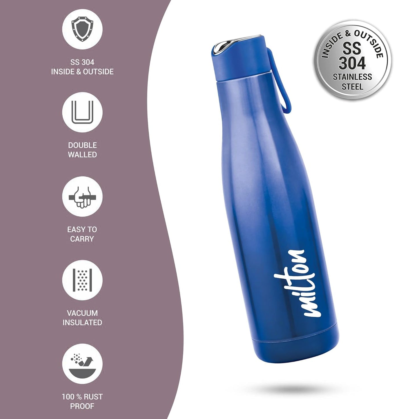 Milton Fame 600 Thermosteel Vacuum Insulated Stainless Steel 24 Hours Hot and Cold Water Bottle, 515 ml,