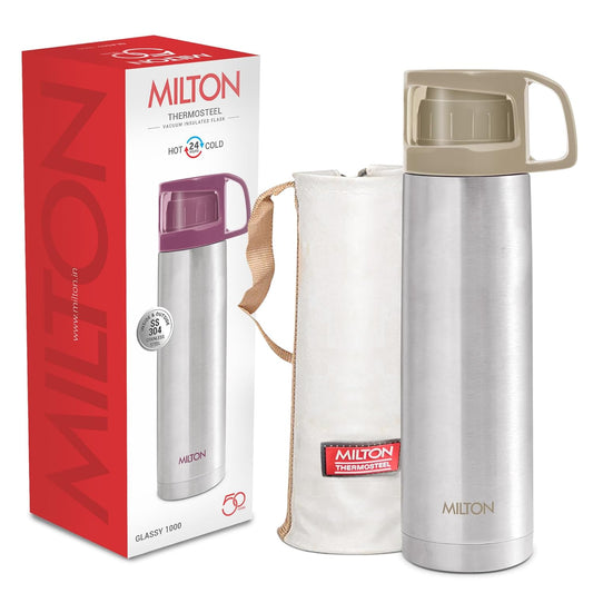 Milton Glassy 1000 Thermosteel Vacuum Insulated Double Walled Flask with Drinking Cup lid & Jacket, 1000 ml Water Bottles,24 Hours Hot & Cold,Easy to Carry,Rust Proof, Tea, Coffee,Travel Bottle,