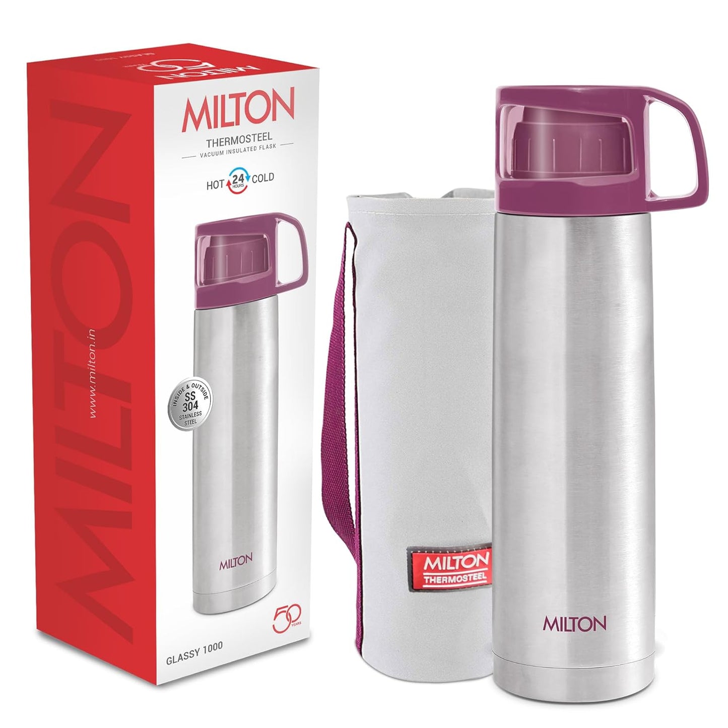 Milton Glassy 1000 Thermosteel Vacuum Insulated Double Walled Flask with Drinking Cup lid & Jacket, 1000 ml Water Bottles,24 Hours Hot & Cold,Easy to Carry,Rust Proof, Tea, Coffee,Travel Bottle,