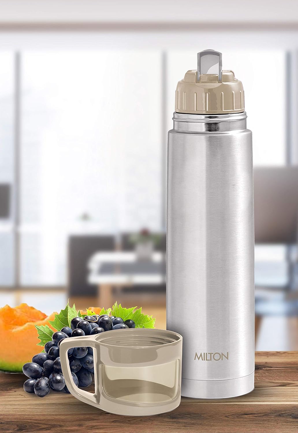 Milton Glassy 1000 Thermosteel Vacuum Insulated Double Walled Flask with Drinking Cup lid & Jacket, 1000 ml Water Bottles,24 Hours Hot & Cold,Easy to Carry,Rust Proof, Tea, Coffee,Travel Bottle,