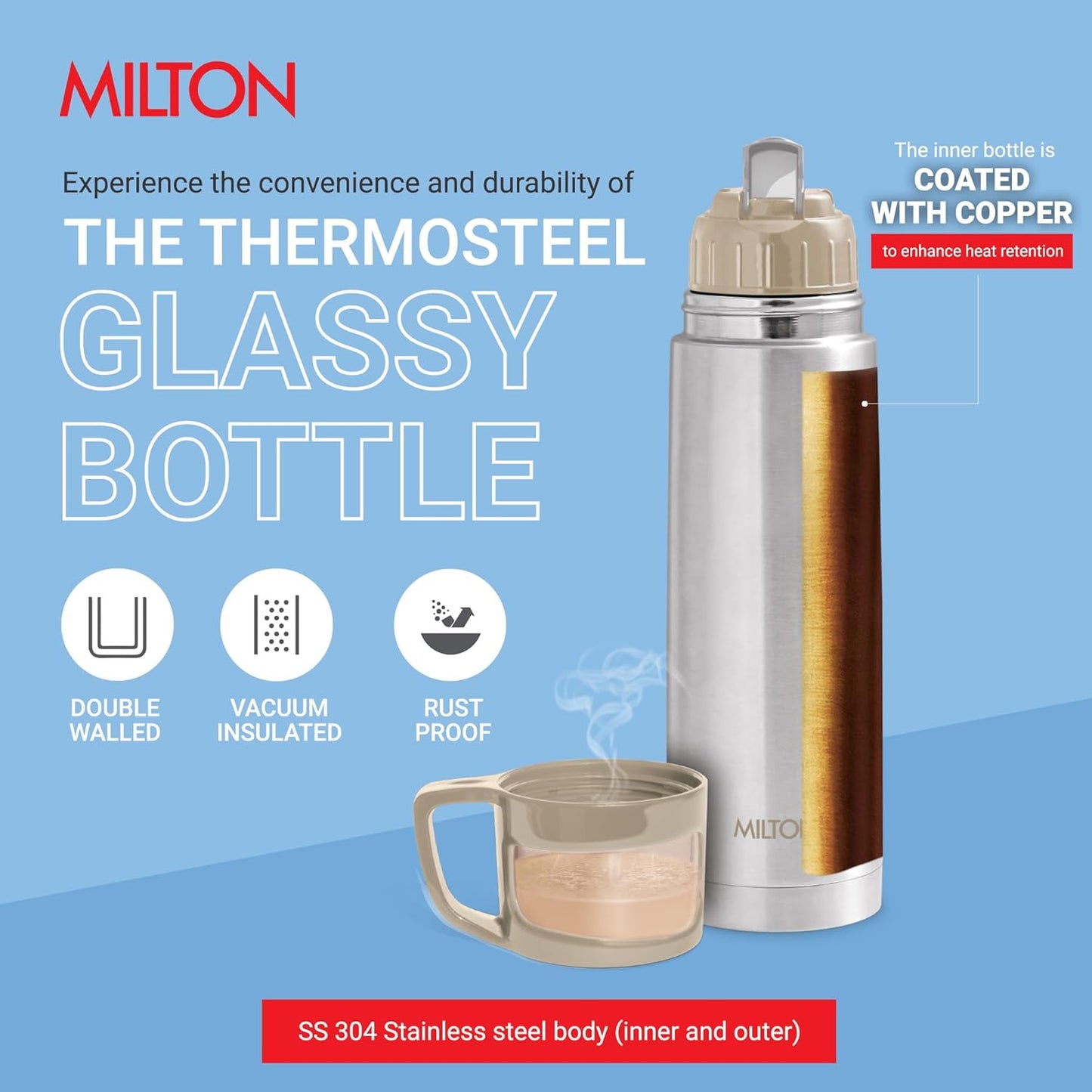 Milton Glassy 1000 Thermosteel Vacuum Insulated Double Walled Flask with Drinking Cup lid & Jacket, 1000 ml Water Bottles,24 Hours Hot & Cold,Easy to Carry,Rust Proof, Tea, Coffee,Travel Bottle,