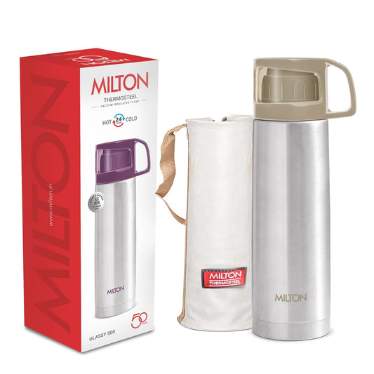 Milton Glassy 500 Thermosteel Vacuum Insulated Double Walled Flask with Drinking Cup lid & Jacket, 500 ml Water Bottles, 24 Hours Hot & Cold,Easy to Carry,Rust Proof, Tea, Coffee,Travel Bottle,