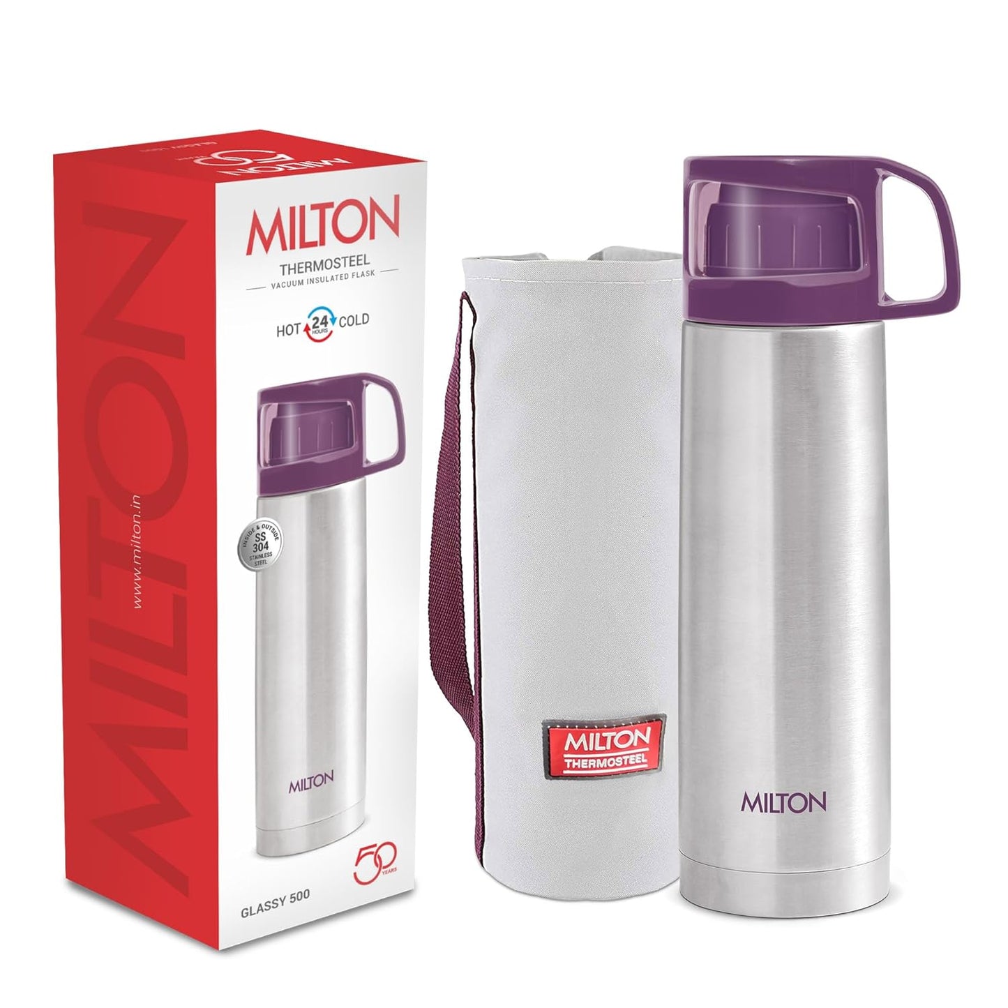 Milton Glassy 500 Thermosteel Vacuum Insulated Double Walled Flask with Drinking Cup lid & Jacket, 500 ml Water Bottles, 24 Hours Hot & Cold,Easy to Carry,Rust Proof, Tea, Coffee,Travel Bottle,