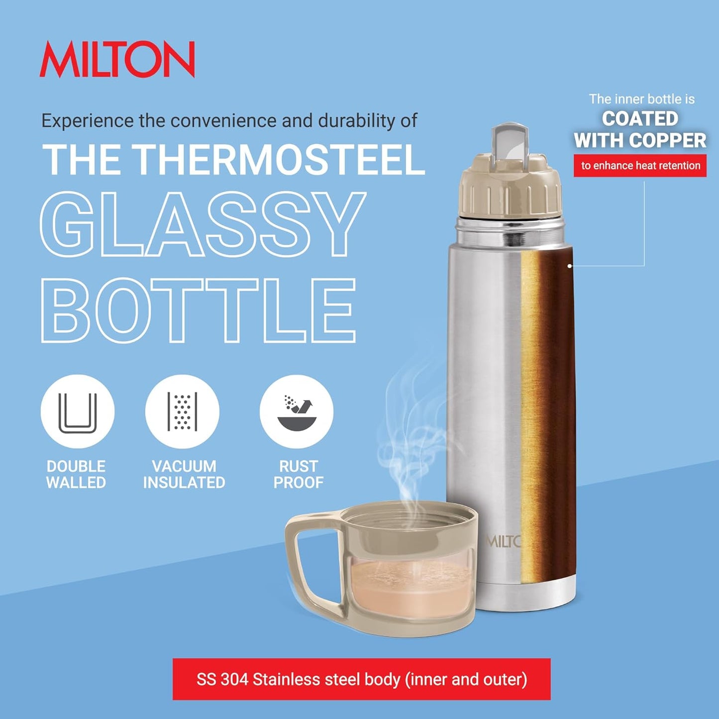 Milton Glassy 500 Thermosteel Vacuum Insulated Double Walled Flask with Drinking Cup lid & Jacket, 500 ml Water Bottles, 24 Hours Hot & Cold,Easy to Carry,Rust Proof, Tea, Coffee,Travel Bottle,