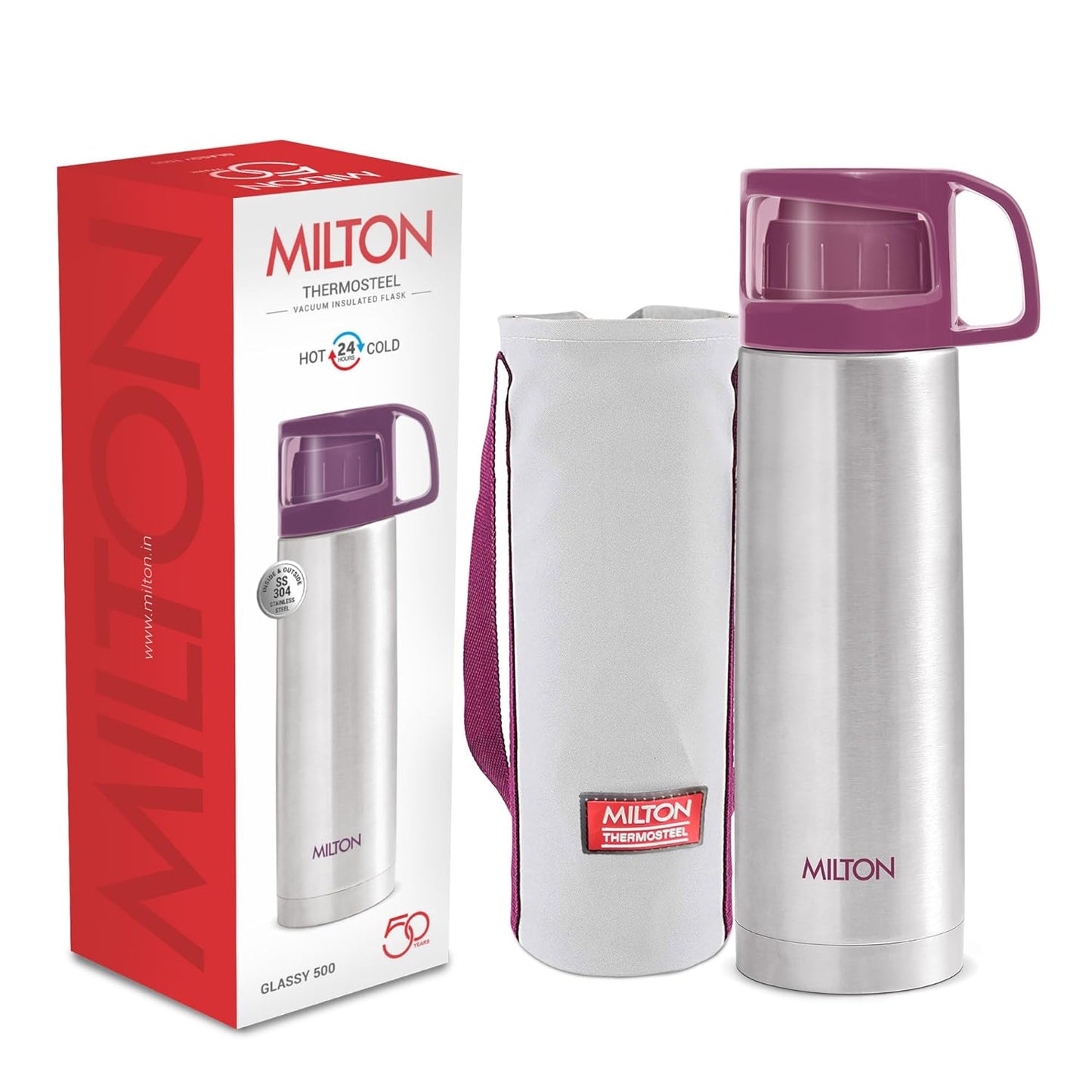 Milton Glassy 500 Thermosteel Vacuum Insulated Double Walled Flask with Drinking Cup lid & Jacket, 500 ml Water Bottles, 24 Hours Hot & Cold,Easy to Carry,Rust Proof, Tea, Coffee,Travel Bottle,