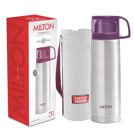 MILTON Glassy 750 Thermosteel Vacuum Insulated Double Walled Flask with Drinking Cup lid & Jacket, 750 ml Water Bottles,24 Hours Hot & Cold, Easy to Carry,Rust Proof, Tea, Coffee, Travel Bottle