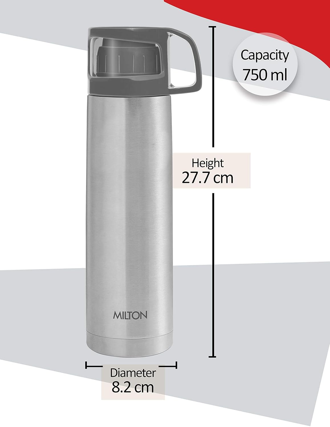 MILTON Glassy 750 Thermosteel Vacuum Insulated Double Walled Flask with Drinking Cup lid & Jacket, 750 ml Water Bottles,24 Hours Hot & Cold, Easy to Carry,Rust Proof, Tea, Coffee, Travel Bottle