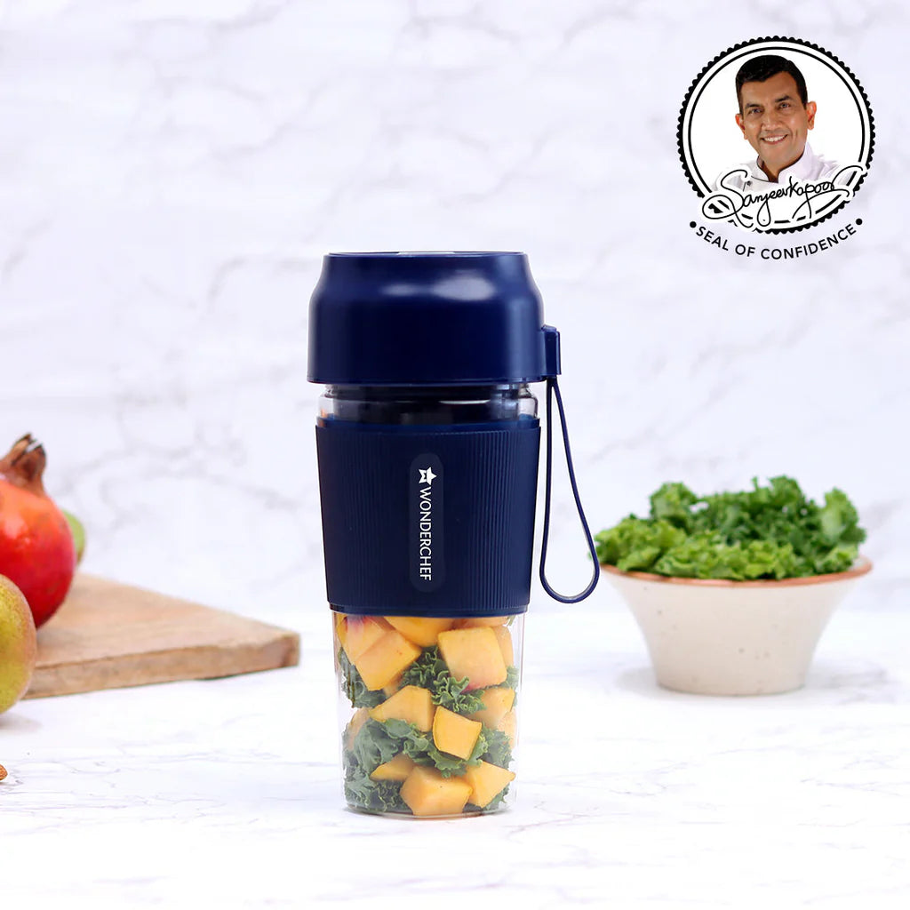 Wonderchef Nutri-Cup Portable Blender | USB Charging | Smoothie maker | SS Blades | Battery Operated Rechargeable Blender | 300ml | Compact Size | Blue