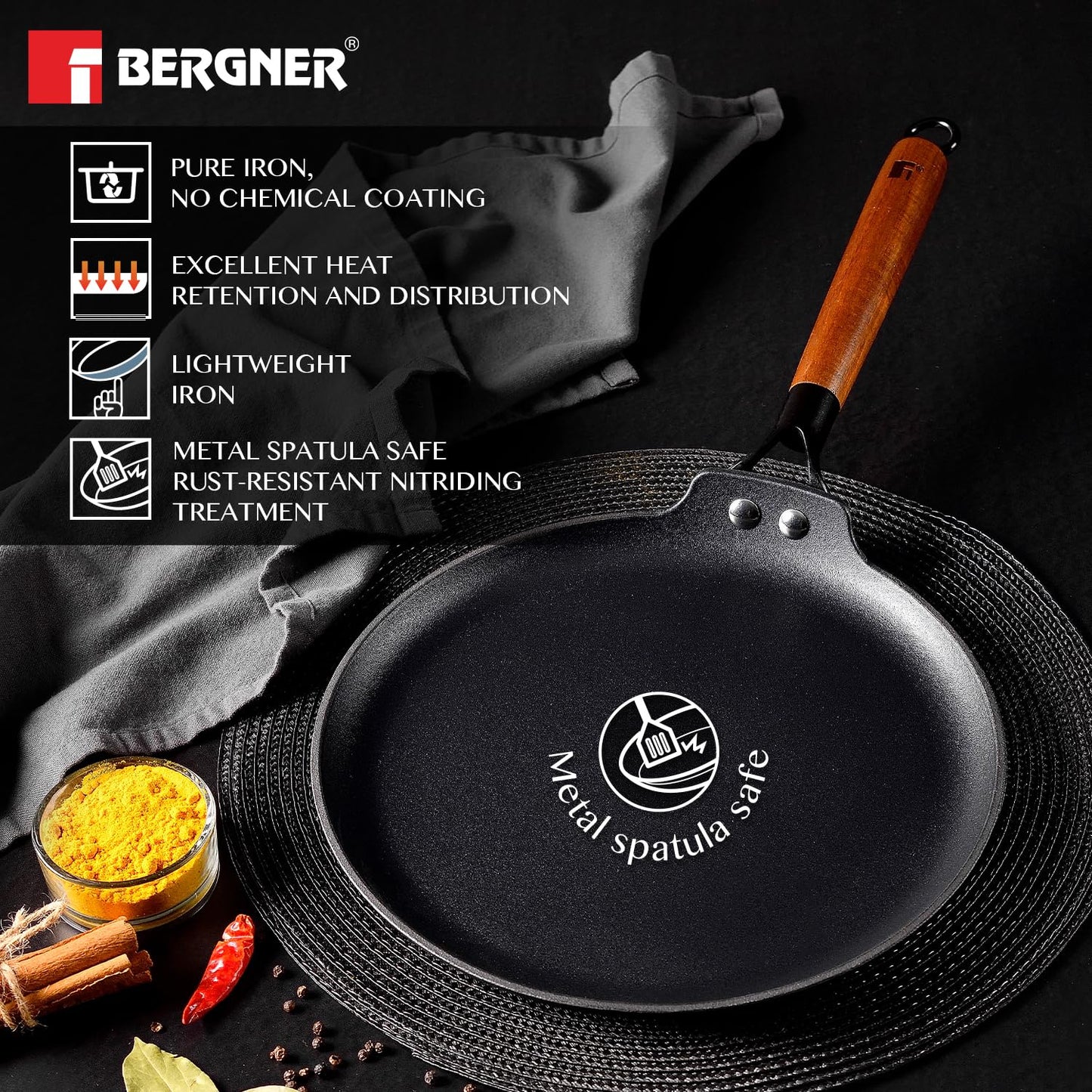 BERGNER Odin Cast Iron Dosa Tawa with Wooden Coated Handle, Loha Dosa Tawa, Rust Proof and Lightweight Iron, Enamel Finish, Metal Spatula Safe, Induction and Gas Stove Ready