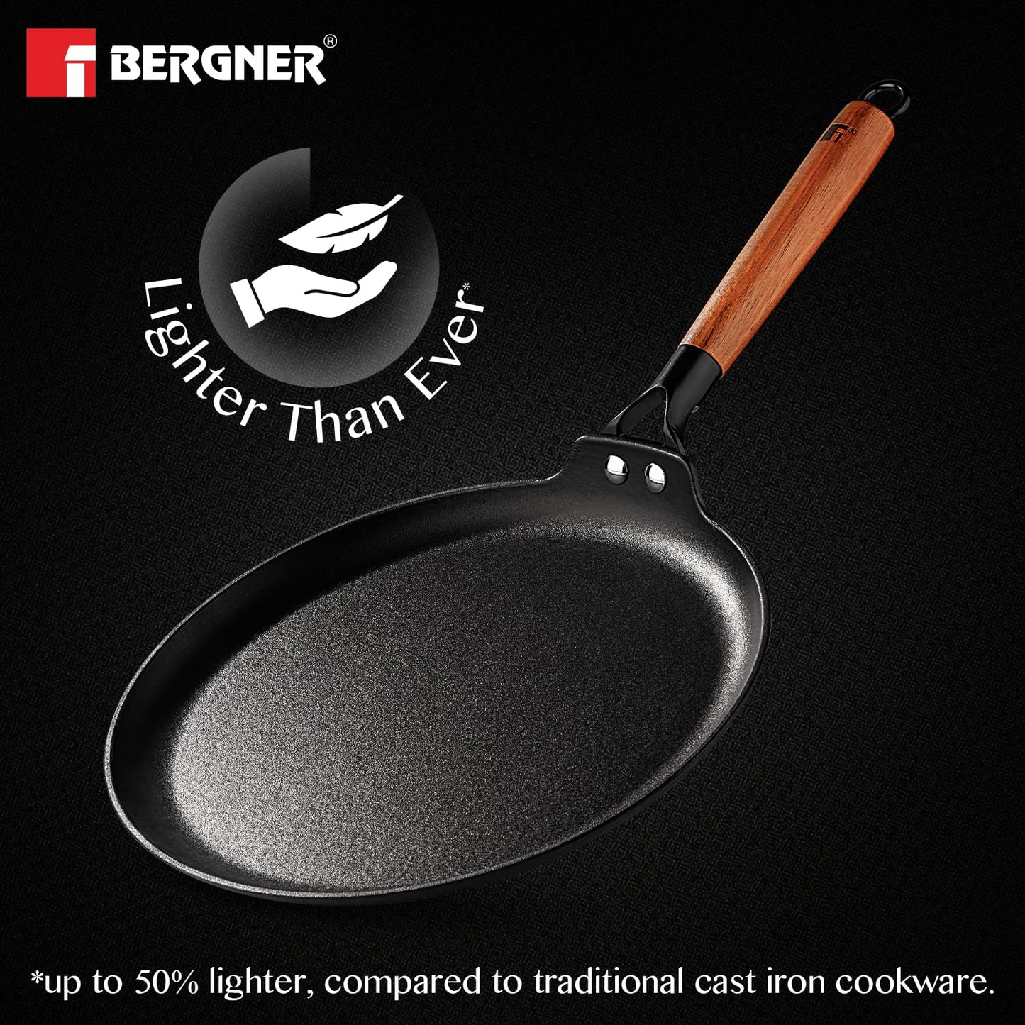 BERGNER Odin Cast Iron Dosa Tawa with Wooden Coated Handle, Loha Dosa Tawa, Rust Proof and Lightweight Iron, Enamel Finish, Metal Spatula Safe, Induction and Gas Stove Ready