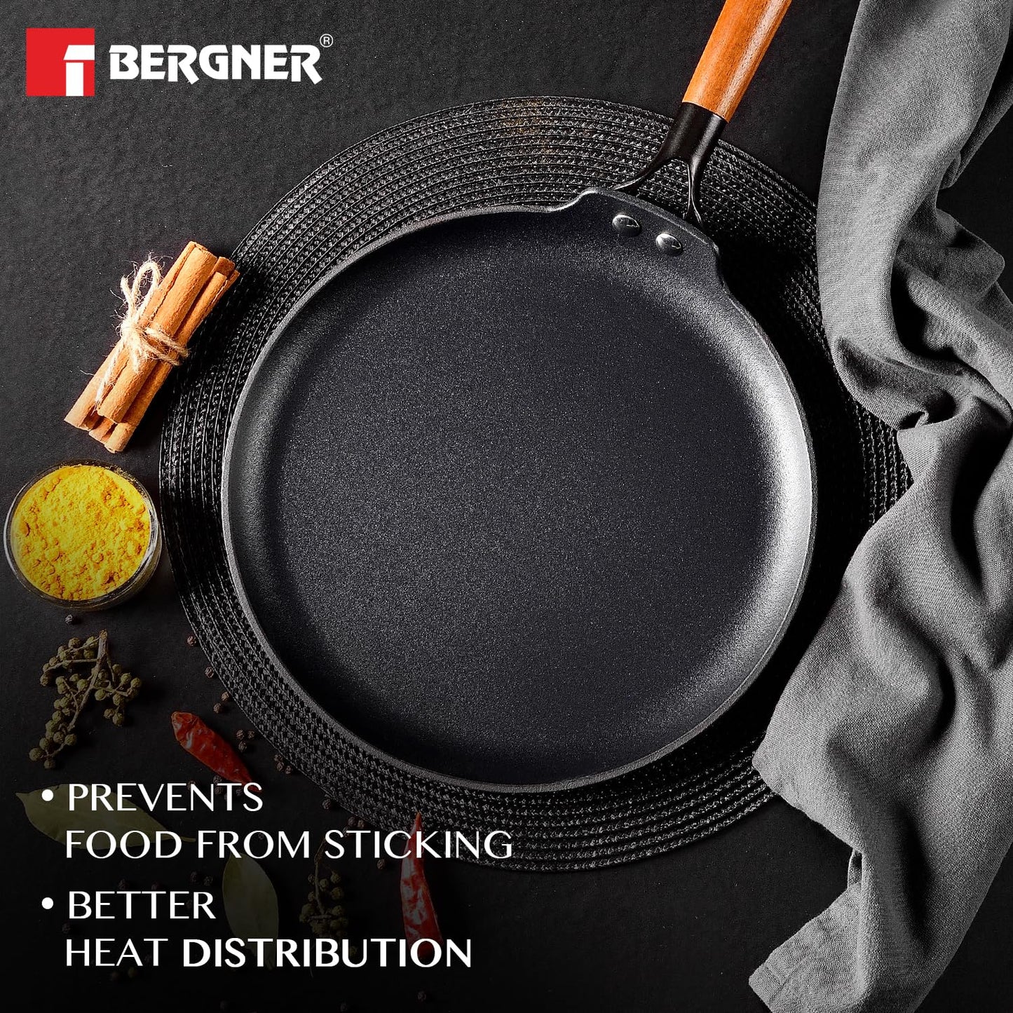 BERGNER Odin Cast Iron Dosa Tawa with Wooden Coated Handle, Loha Dosa Tawa, Rust Proof and Lightweight Iron, Enamel Finish, Metal Spatula Safe, Induction and Gas Stove Ready