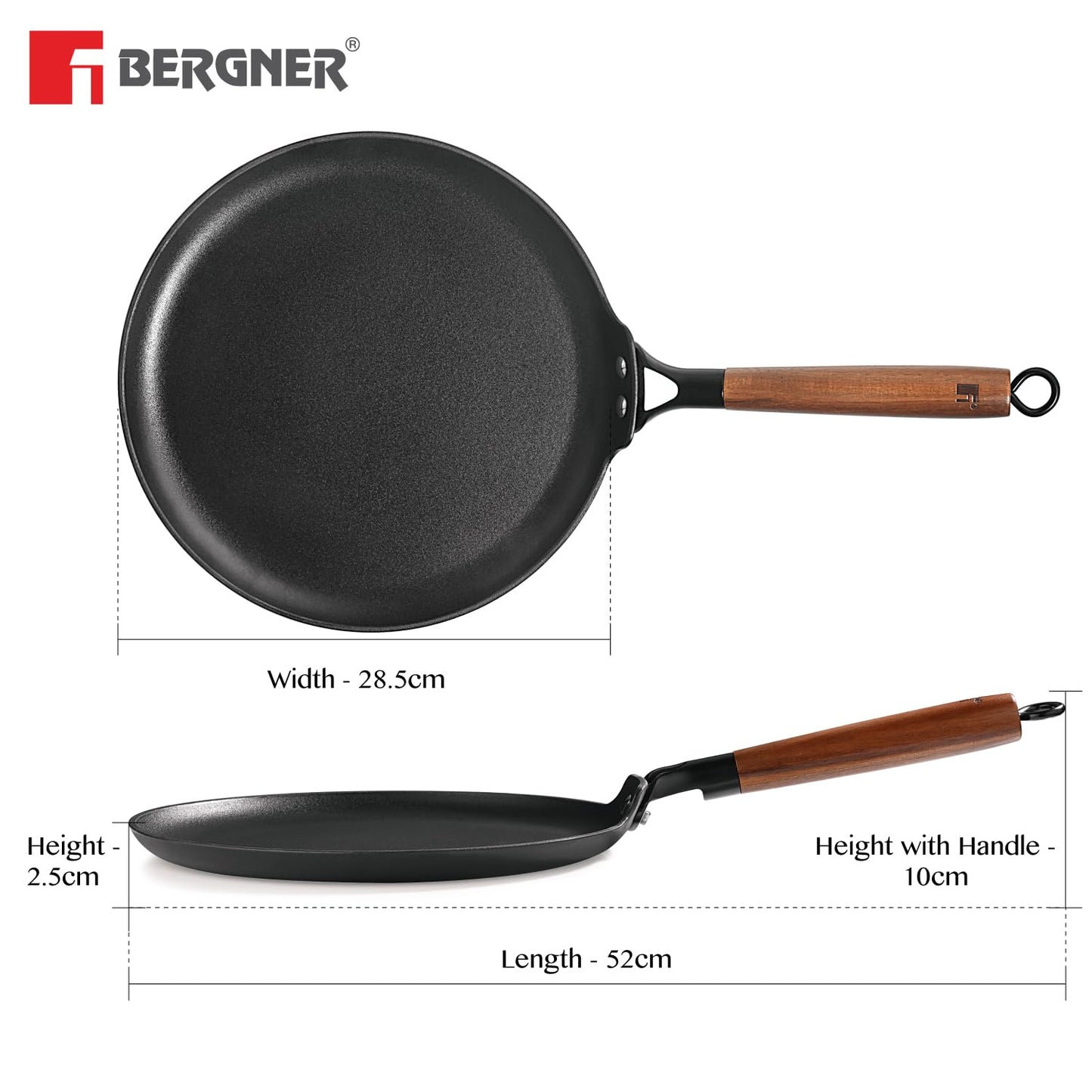 BERGNER Odin Cast Iron Dosa Tawa with Wooden Coated Handle, Loha Dosa Tawa, Rust Proof and Lightweight Iron, Enamel Finish, Metal Spatula Safe, Induction and Gas Stove Ready