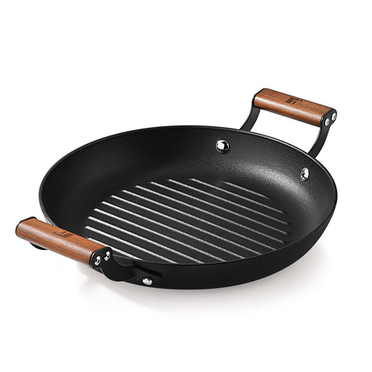 BERGNER Odin 28 cm Cast Iron Grill Plate, Round Grilled Plate with Wooden Coated Handle, for Barbeque/Tikka/Kebab/Skewer/Sandwich/Babeque/Grilled Wrap, Rust Proof, Induction and Gas Stove Ready