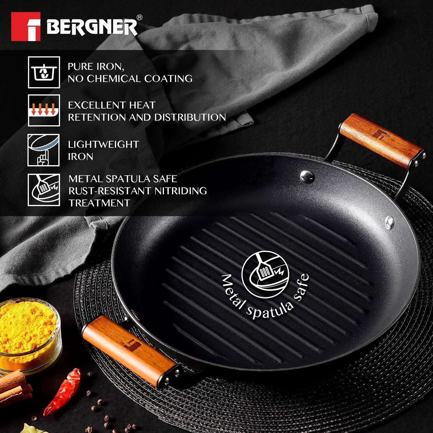 BERGNER Odin 28 cm Cast Iron Grill Plate, Round Grilled Plate with Wooden Coated Handle, for Barbeque/Tikka/Kebab/Skewer/Sandwich/Babeque/Grilled Wrap, Rust Proof, Induction and Gas Stove Ready