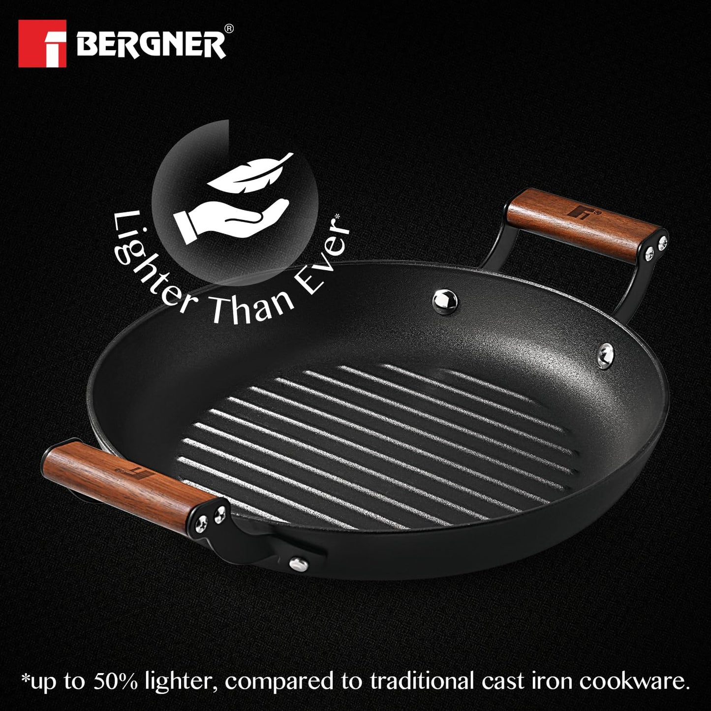 BERGNER Odin 28 cm Cast Iron Grill Plate, Round Grilled Plate with Wooden Coated Handle, for Barbeque/Tikka/Kebab/Skewer/Sandwich/Babeque/Grilled Wrap, Rust Proof, Induction and Gas Stove Ready