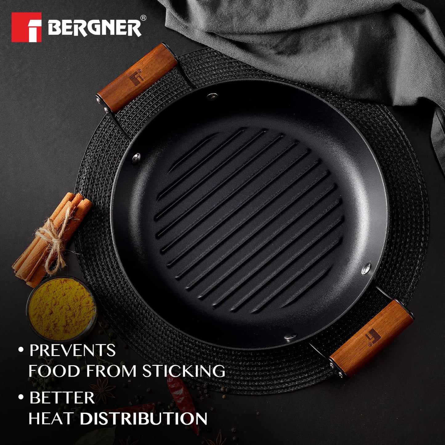 BERGNER Odin 28 cm Cast Iron Grill Plate, Round Grilled Plate with Wooden Coated Handle, for Barbeque/Tikka/Kebab/Skewer/Sandwich/Babeque/Grilled Wrap, Rust Proof, Induction and Gas Stove Ready