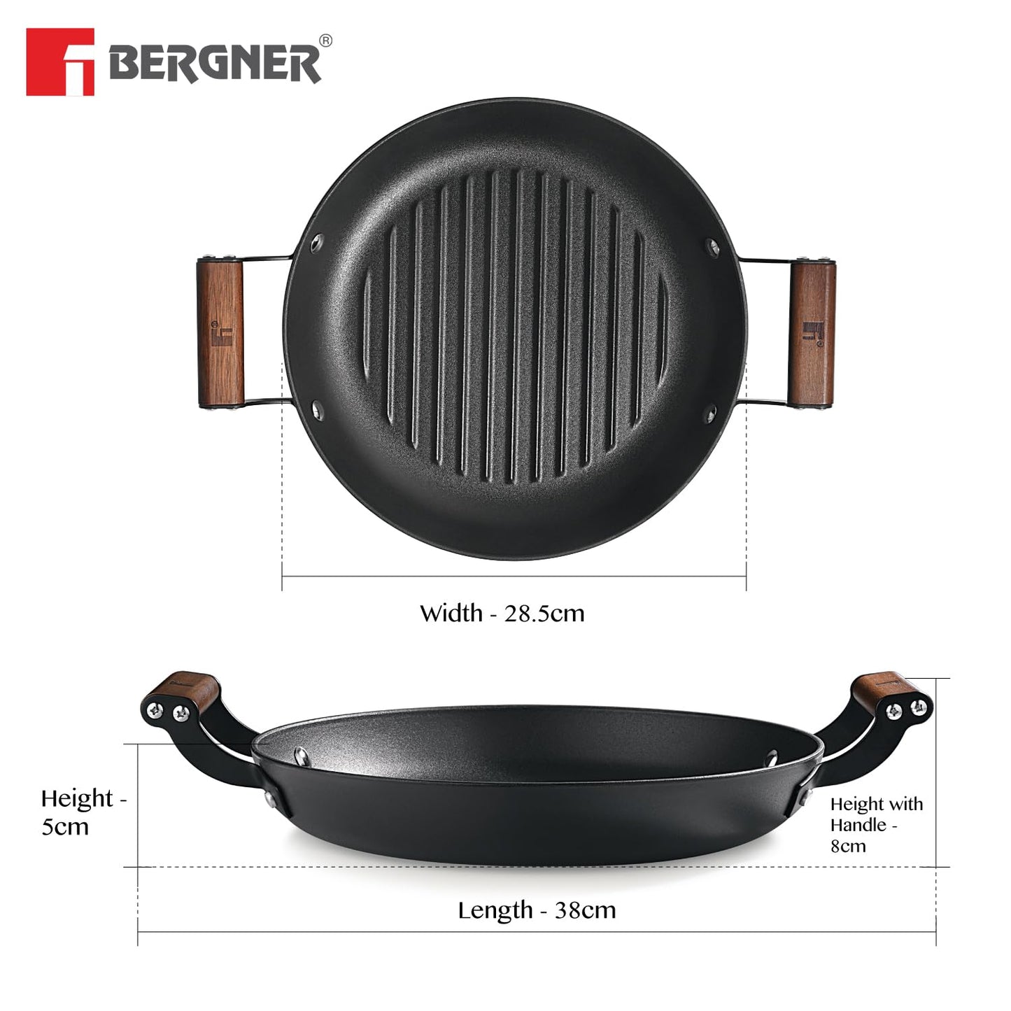 BERGNER Odin 28 cm Cast Iron Grill Plate, Round Grilled Plate with Wooden Coated Handle, for Barbeque/Tikka/Kebab/Skewer/Sandwich/Babeque/Grilled Wrap, Rust Proof, Induction and Gas Stove Ready