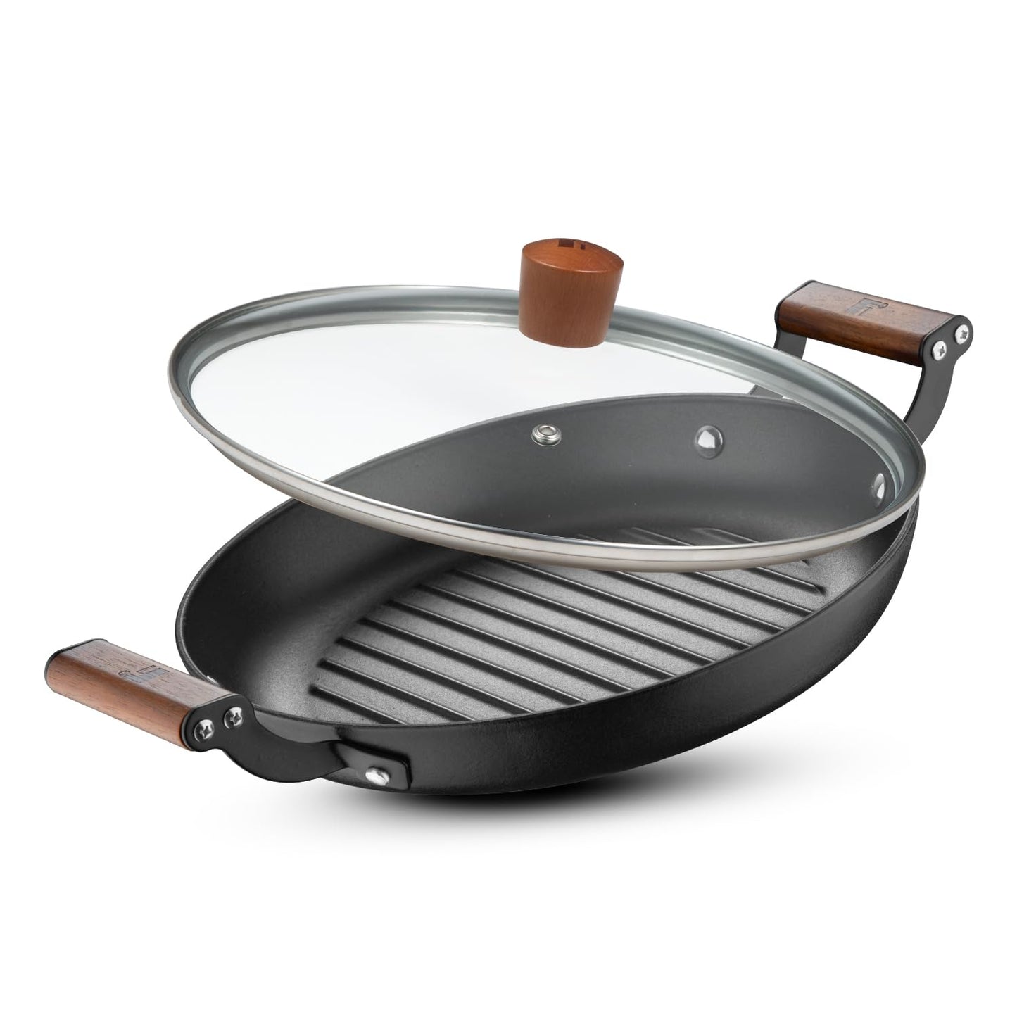 BERGNER Odin 28cm Cast Iron Round Grilled Pan with Glass Lid, Wooden Coated Handle, for Barbeque/Tikka/Kebab/Skewer/Sandwich/Grilled Wrap, Rust Proof Coating - Induction Bottom and Gas Stove Ready