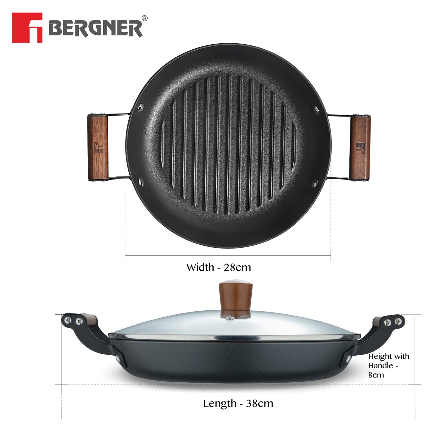 BERGNER Odin 28cm Cast Iron Round Grilled Pan with Glass Lid, Wooden Coated Handle, for Barbeque/Tikka/Kebab/Skewer/Sandwich/Grilled Wrap, Rust Proof Coating - Induction Bottom and Gas Stove Ready