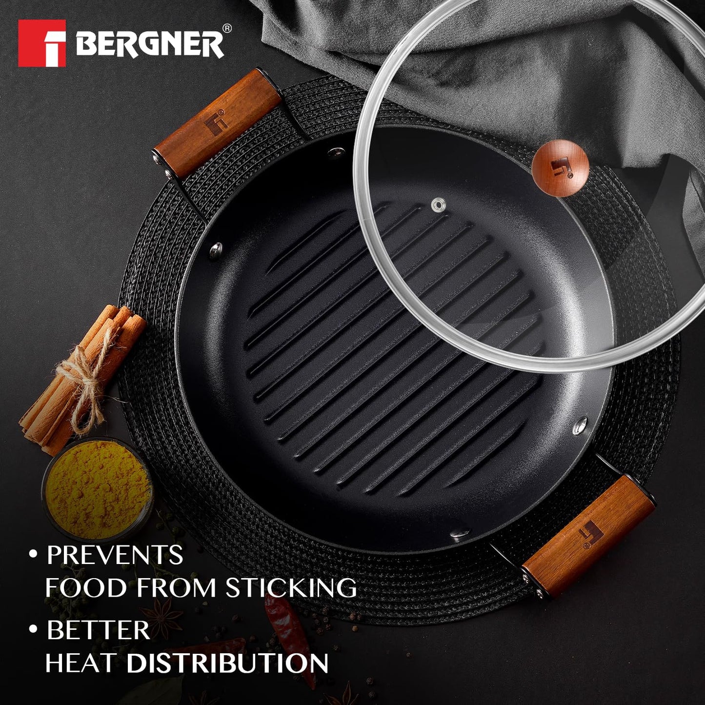 BERGNER Odin 28cm Cast Iron Round Grilled Pan with Glass Lid, Wooden Coated Handle, for Barbeque/Tikka/Kebab/Skewer/Sandwich/Grilled Wrap, Rust Proof Coating - Induction Bottom and Gas Stove Ready