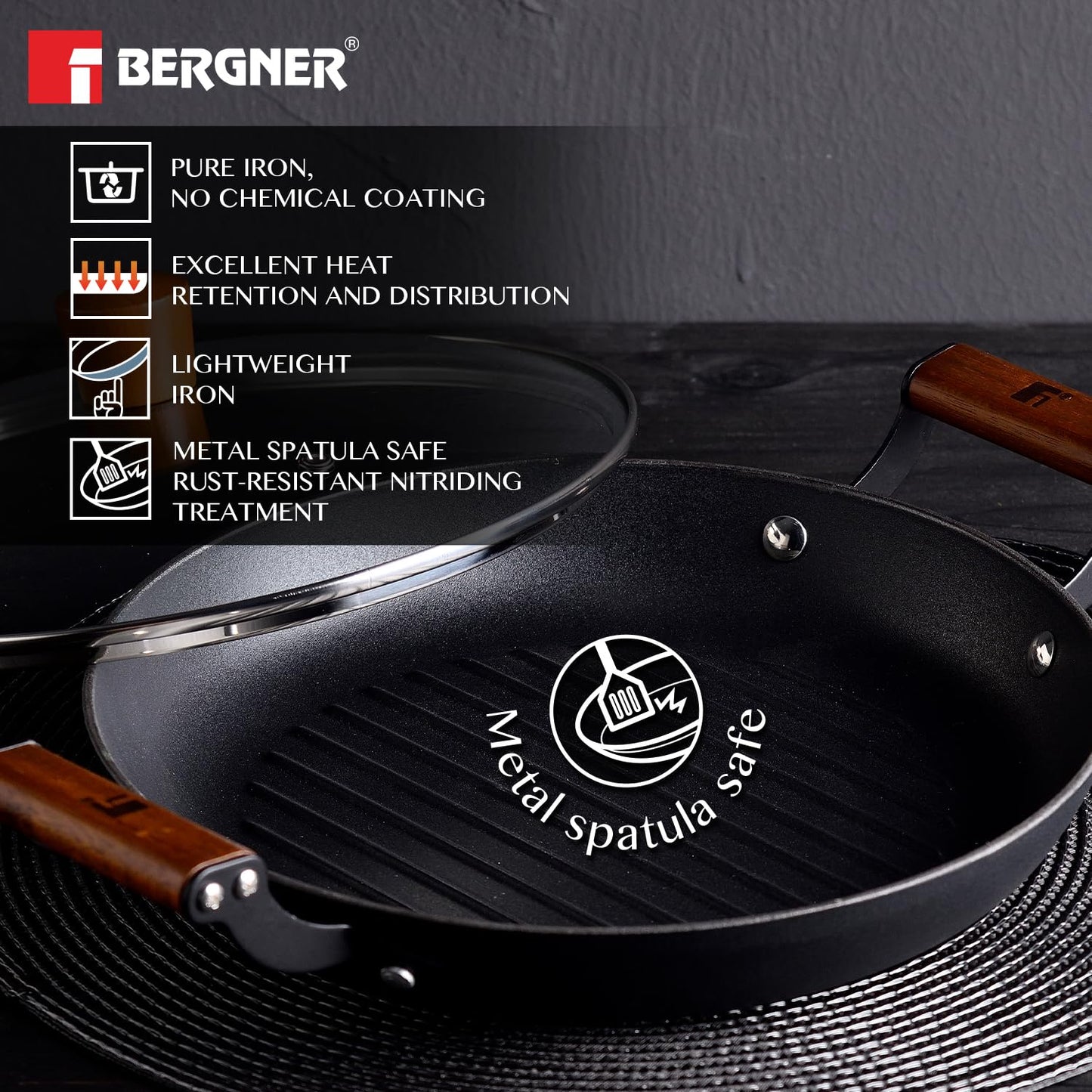 BERGNER Odin 28cm Cast Iron Round Grilled Pan with Glass Lid, Wooden Coated Handle, for Barbeque/Tikka/Kebab/Skewer/Sandwich/Grilled Wrap, Rust Proof Coating - Induction Bottom and Gas Stove Ready