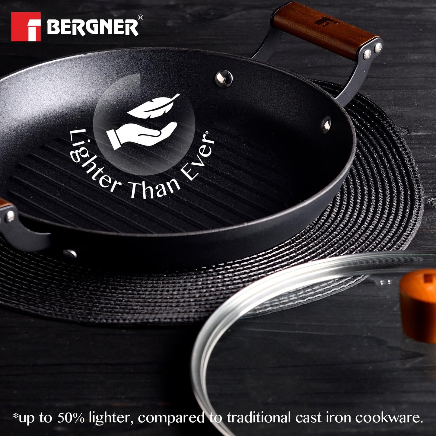 BERGNER Odin 28cm Cast Iron Round Grilled Pan with Glass Lid, Wooden Coated Handle, for Barbeque/Tikka/Kebab/Skewer/Sandwich/Grilled Wrap, Rust Proof Coating - Induction Bottom and Gas Stove Ready